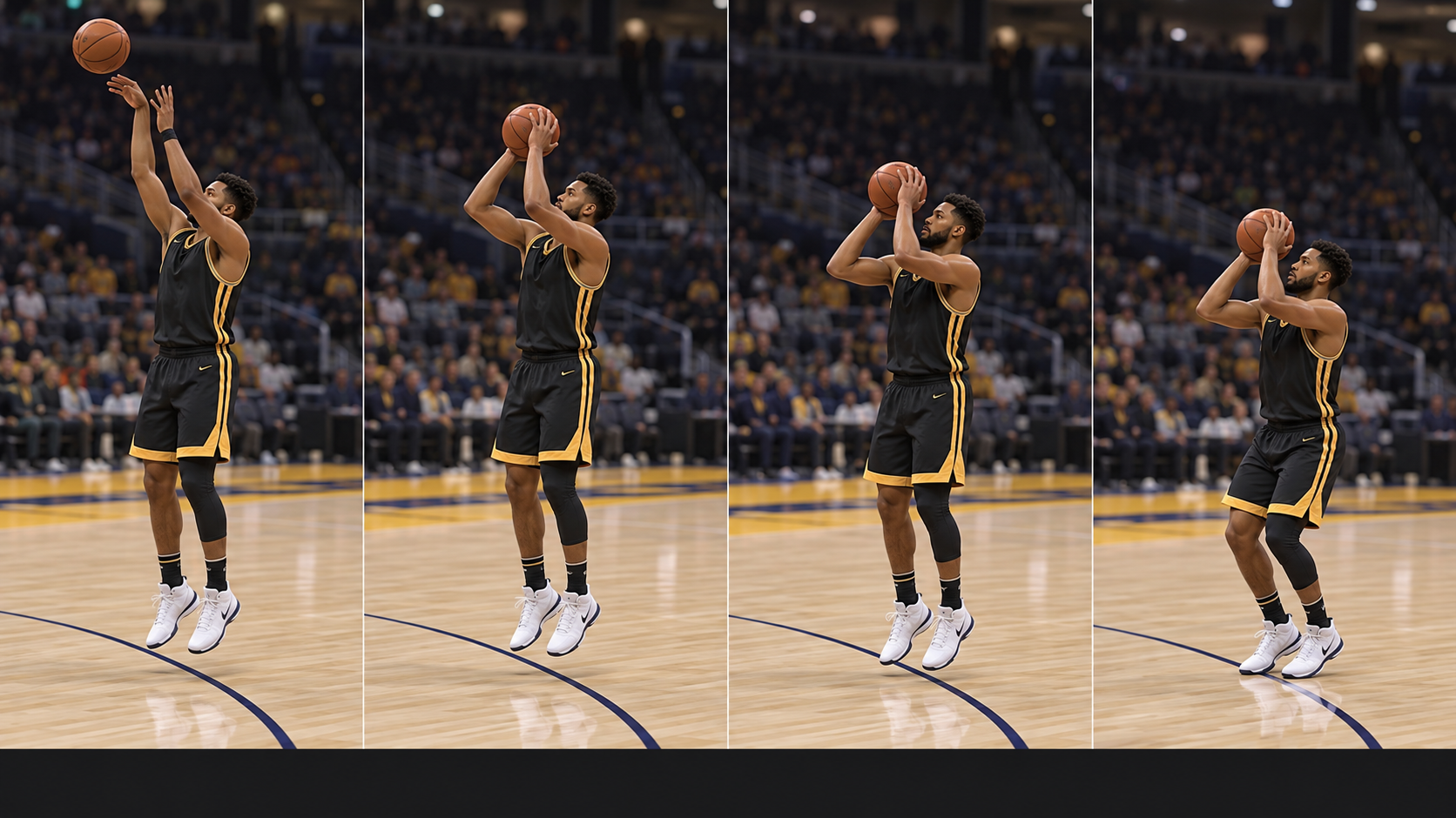 The same basketball player shown at the Release, Push, Set Point and Jump phases of one jump shot